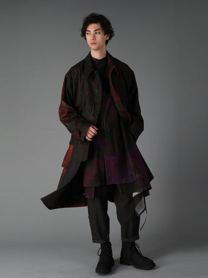 WOOL NYLON FLANNEL RUG PATTERN OUT-POCKET LONG COAT