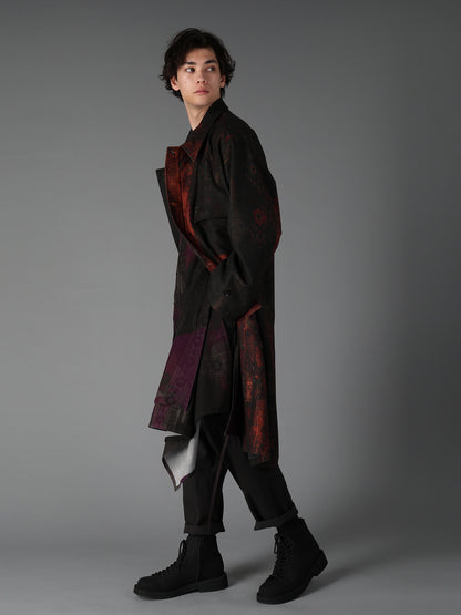 WOOL NYLON FLANNEL RUG PATTERN OUT-POCKET LONG COAT