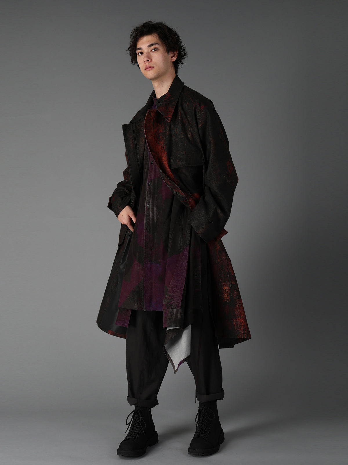 WOOL NYLON FLANNEL RUG PATTERN OUT-POCKET LONG COAT