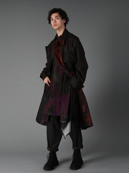 WOOL NYLON FLANNEL RUG PATTERN OUT-POCKET LONG COAT