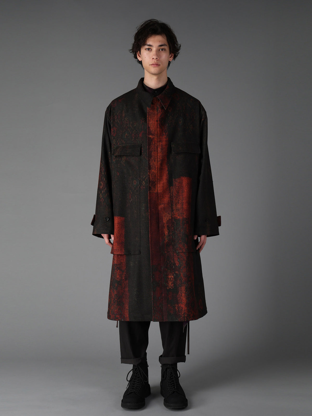 WOOL NYLON FLANNEL RUG PATTERN OUT-POCKET LONG COAT