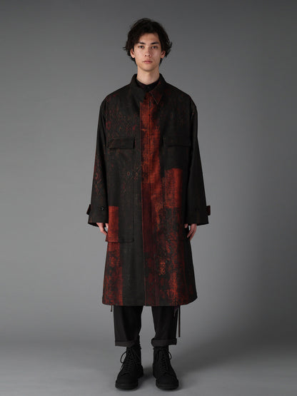 WOOL NYLON FLANNEL RUG PATTERN OUT-POCKET LONG COAT