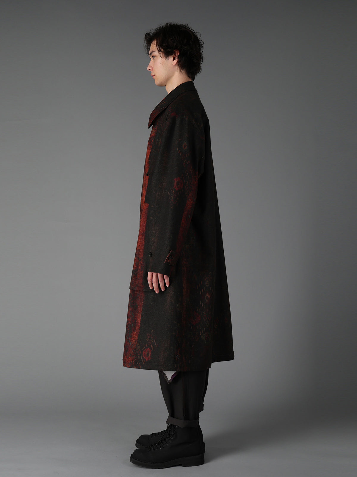 WOOL NYLON FLANNEL RUG PATTERN OUT-POCKET LONG COAT