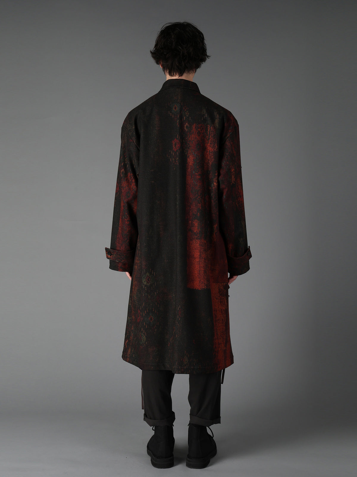 WOOL NYLON FLANNEL RUG PATTERN OUT-POCKET LONG COAT