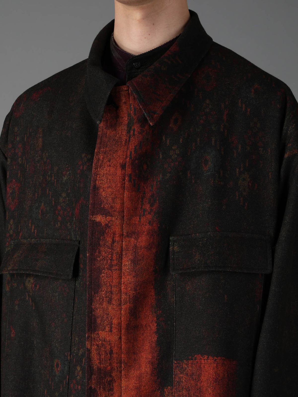 WOOL NYLON FLANNEL RUG PATTERN OUT-POCKET LONG COAT