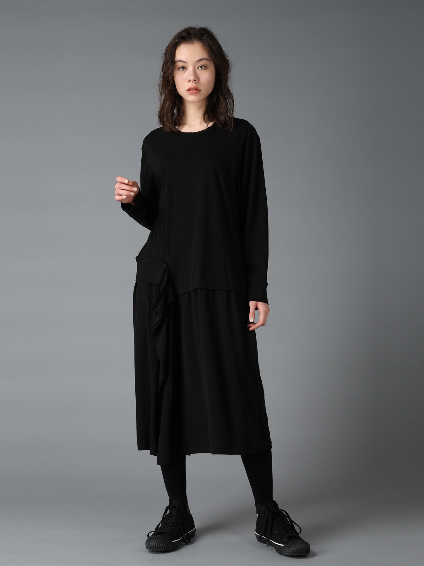 SILICON JERSEY+CREPE de CHINE PANEL LONG DRESS