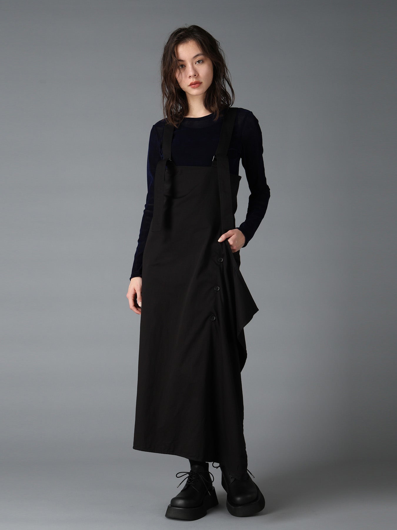 【DRESS HIPPY / 2Way Suspender】 COTTON TWILL SUSPENDER DRAPED DRESS – THE SHOP YOHJI YAMAMOTO