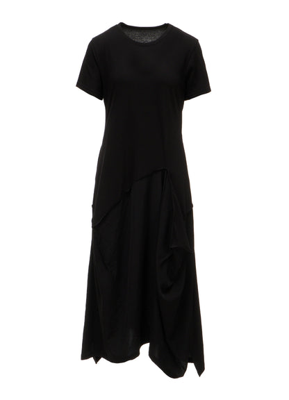 SILICON JERSEY+CREPE de CHINE PANEL LONG DRESS SHORT SLEEVE