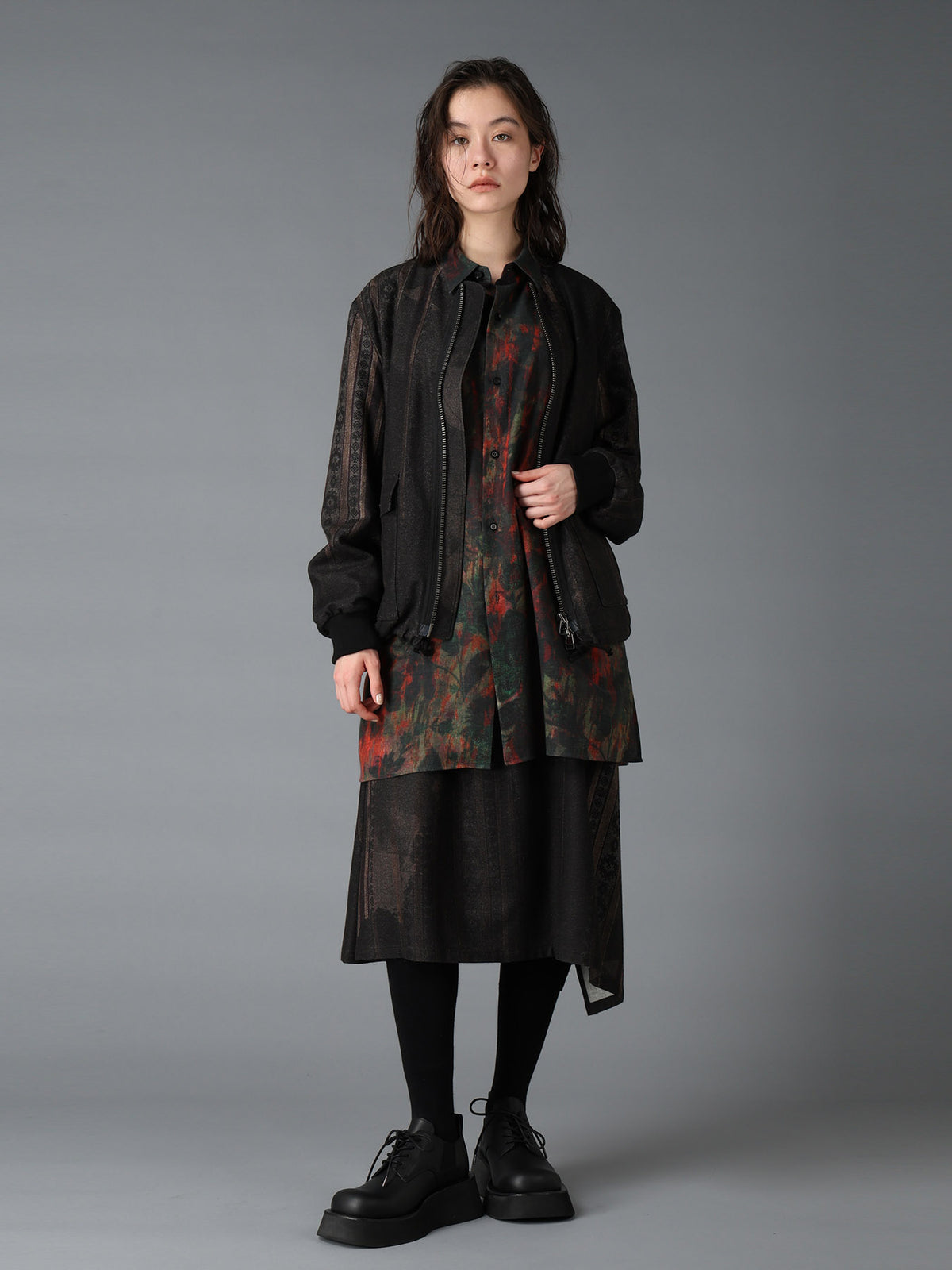 WOOL NYLON FLANNEL GREY STRIPE COLLAR-LESS BLOUSON