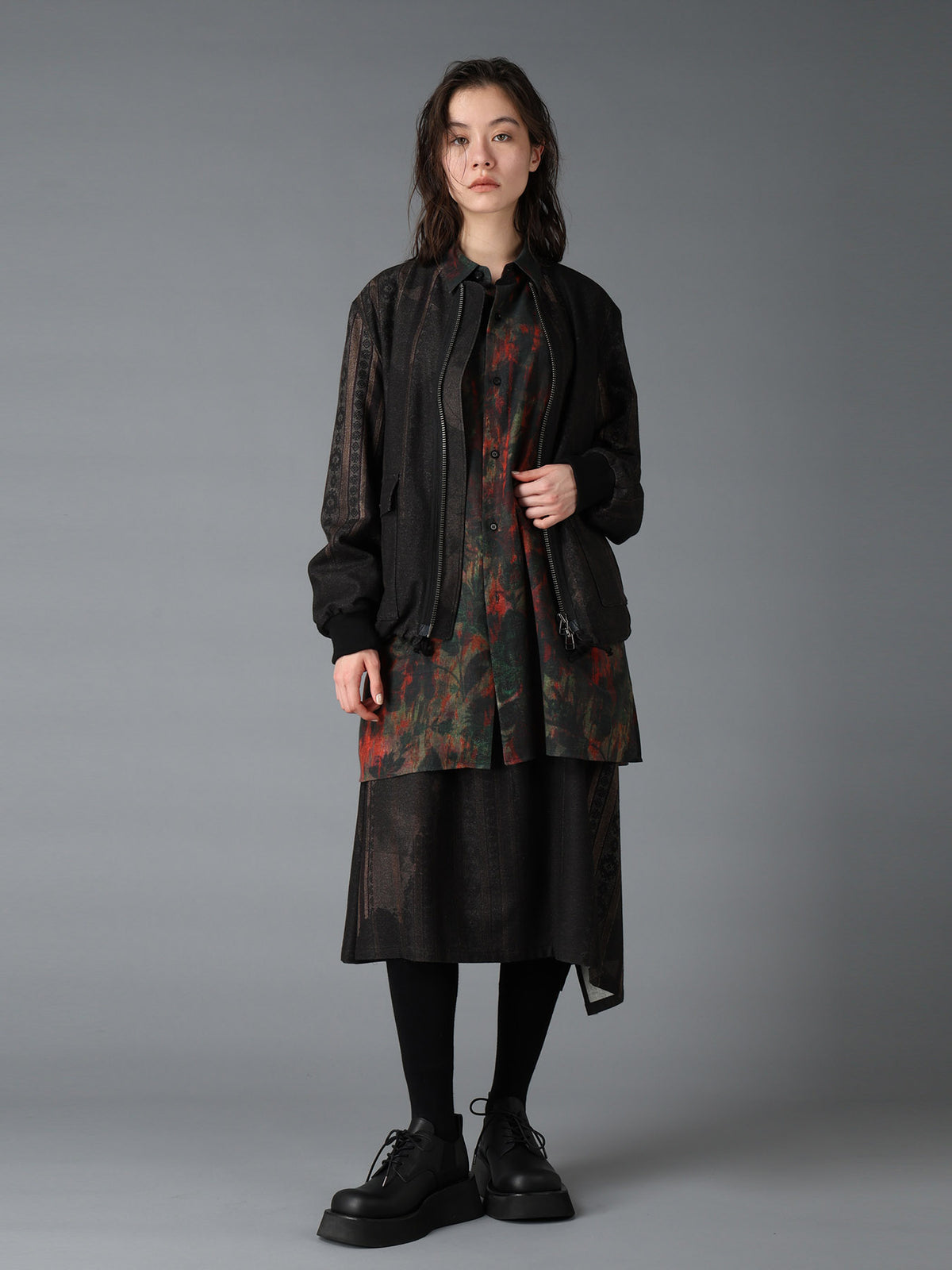 WOOL NYLON FLANNEL GREY STRIPE COLLAR-LESS BLOUSON