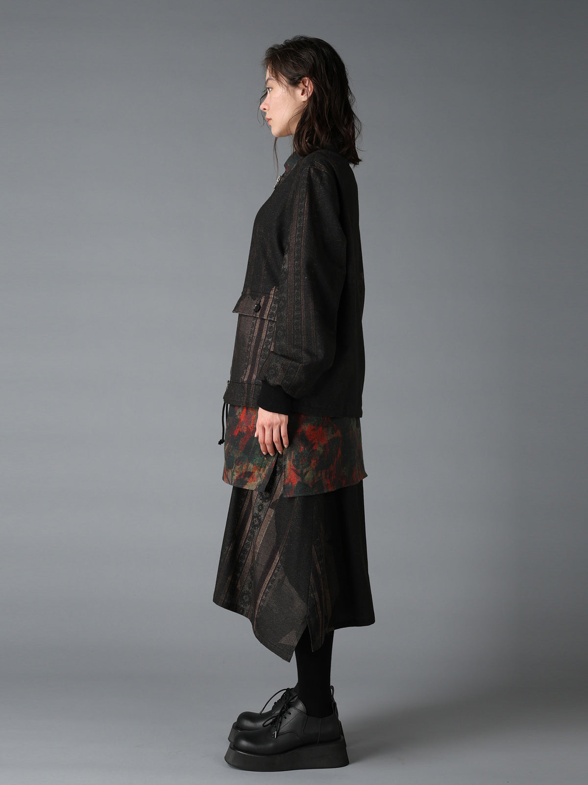 WOOL NYLON FLANNEL GREY STRIPE COLLAR-LESS BLOUSON