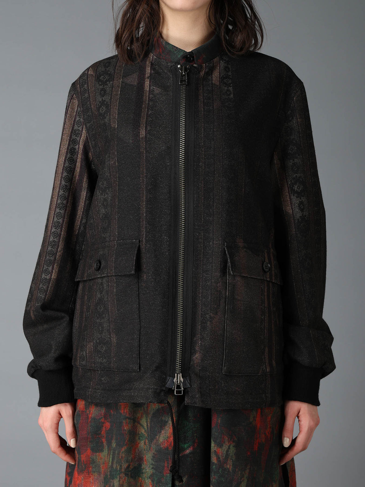 WOOL NYLON FLANNEL GREY STRIPE COLLAR-LESS BLOUSON