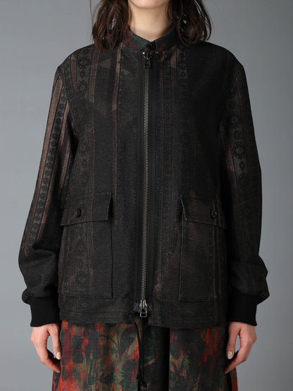 WOOL NYLON FLANNEL GREY STRIPE COLLAR-LESS BLOUSON
