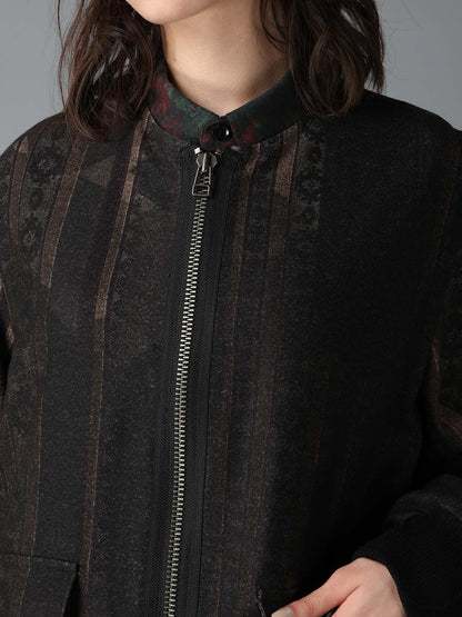 WOOL NYLON FLANNEL GREY STRIPE COLLAR-LESS BLOUSON
