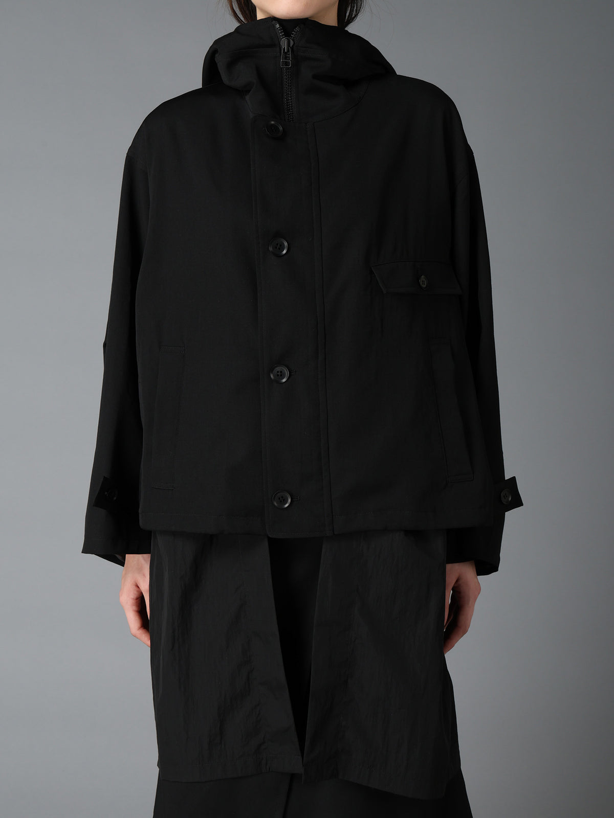 WOOL GABARDINE+VINTAGE NYLON HOODED BLOUSON