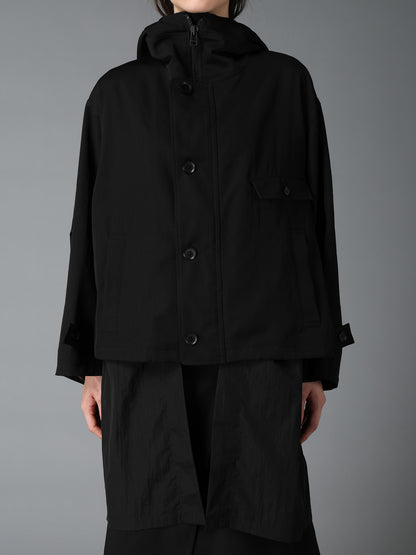 WOOL GABARDINE+VINTAGE NYLON HOODED BLOUSON