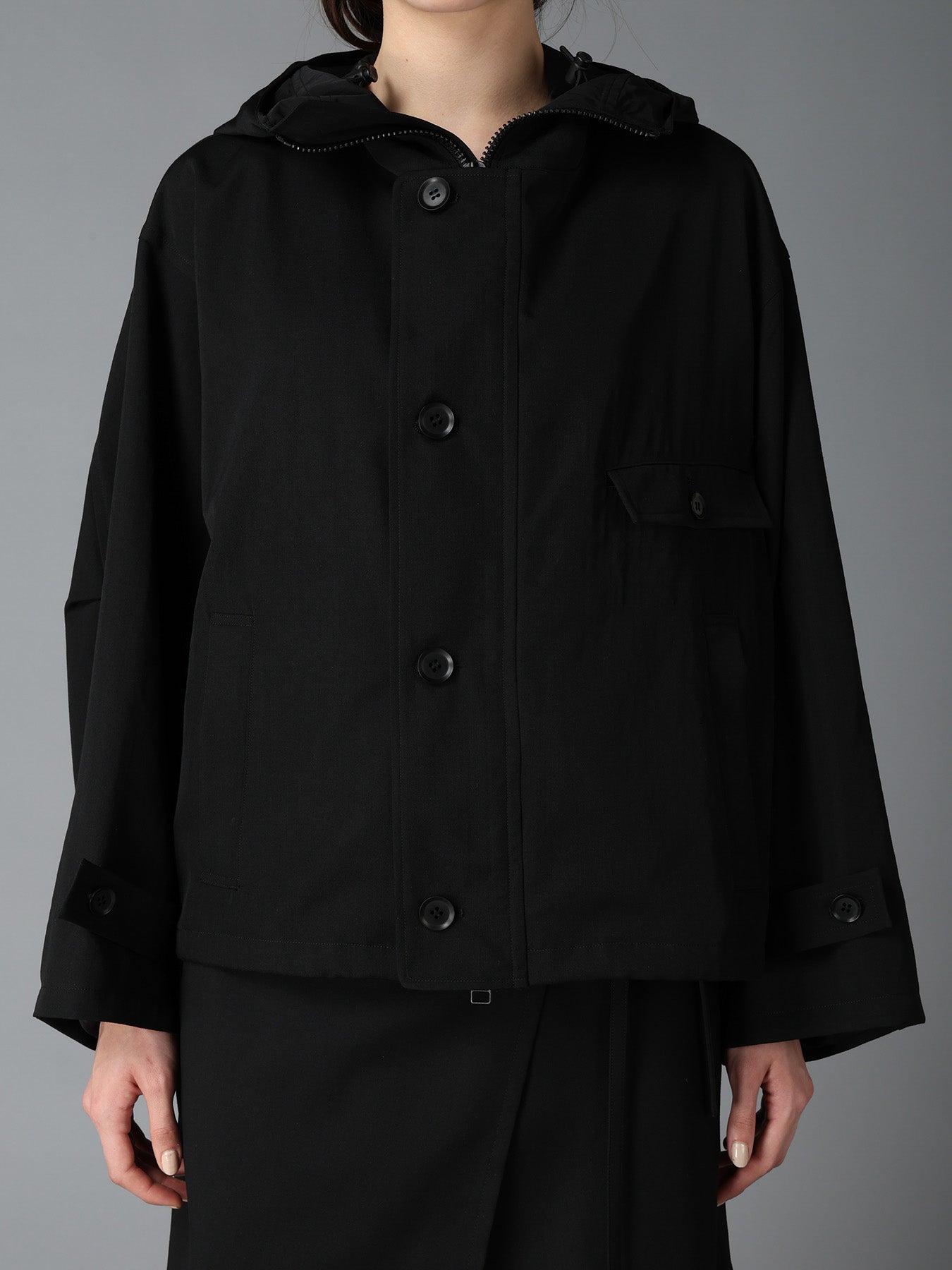 YA−MAN IS-98B BLACK WOOL GABARDINE+VINTAGE NYLON HOODED BLOUSON – THE SHOP YOHJI YAMAMOTO