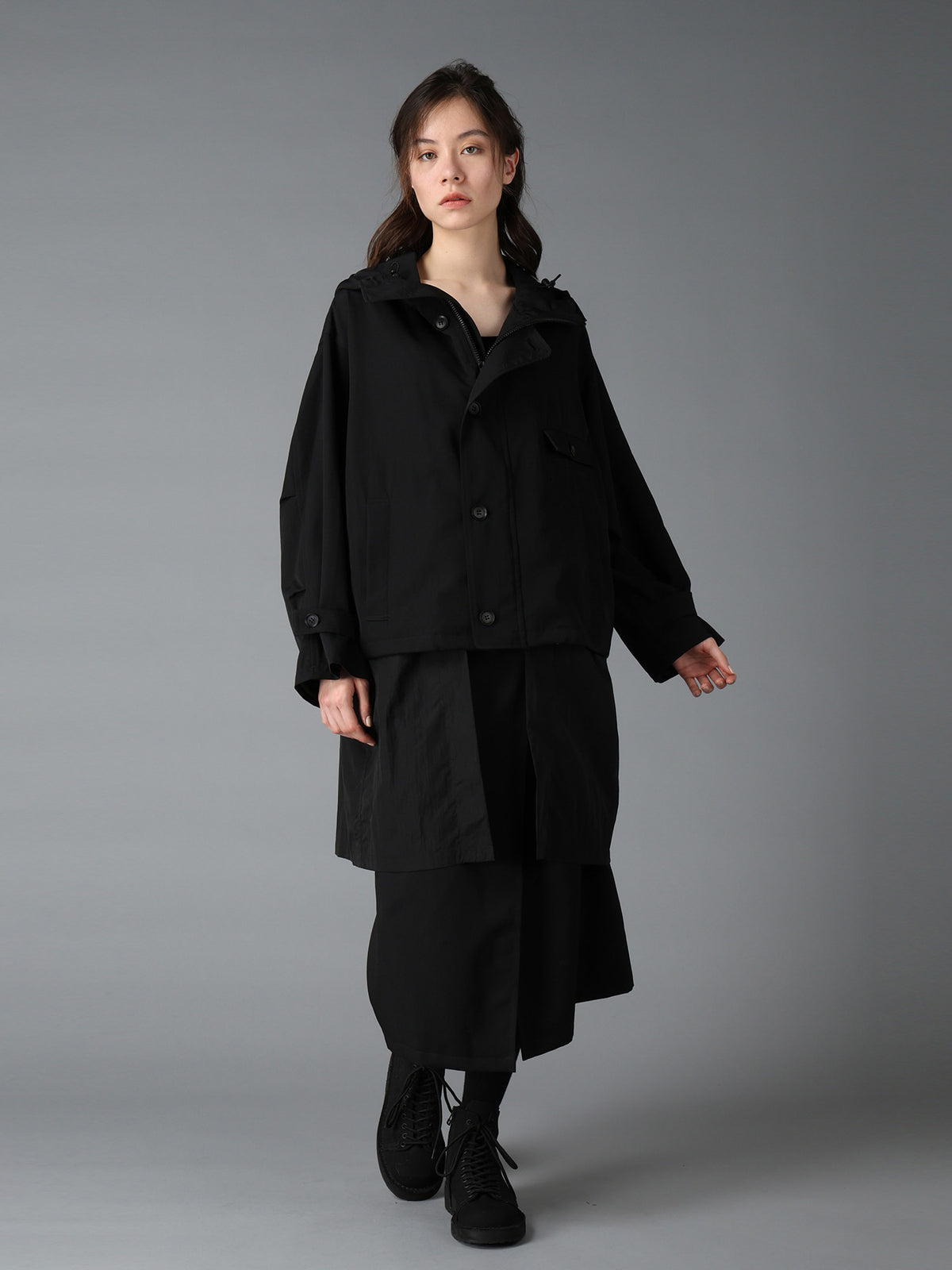 WOOL GABARDINE+VINTAGE NYLON HOODED BLOUSON