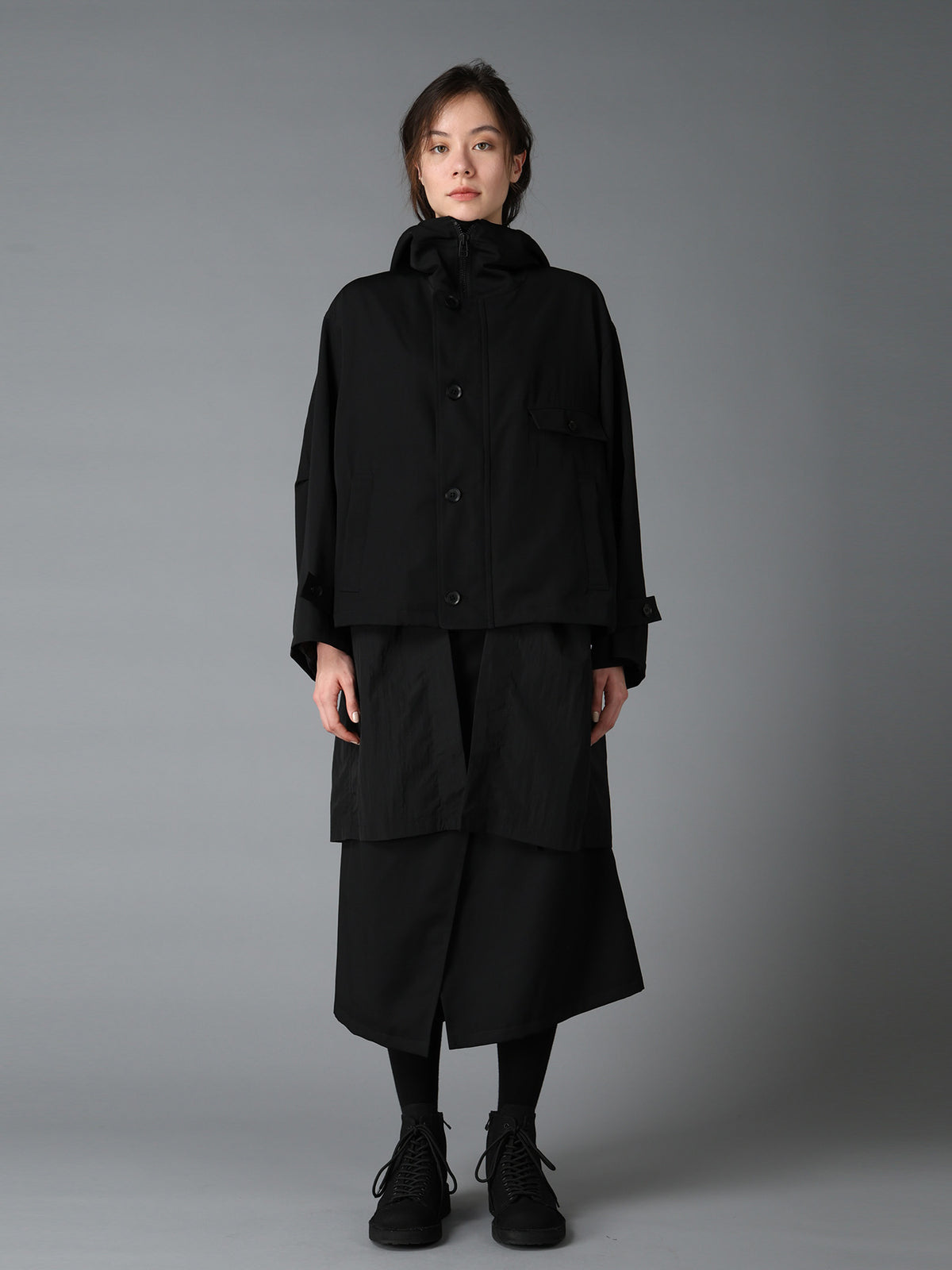 WOOL GABARDINE+VINTAGE NYLON HOODED BLOUSON