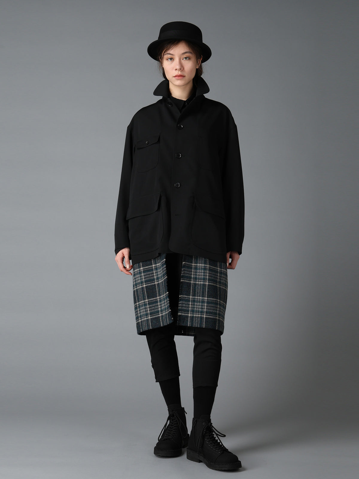 WOOL GABARDINE+BRITISH WOOL PLAID HUNTING JACKET
