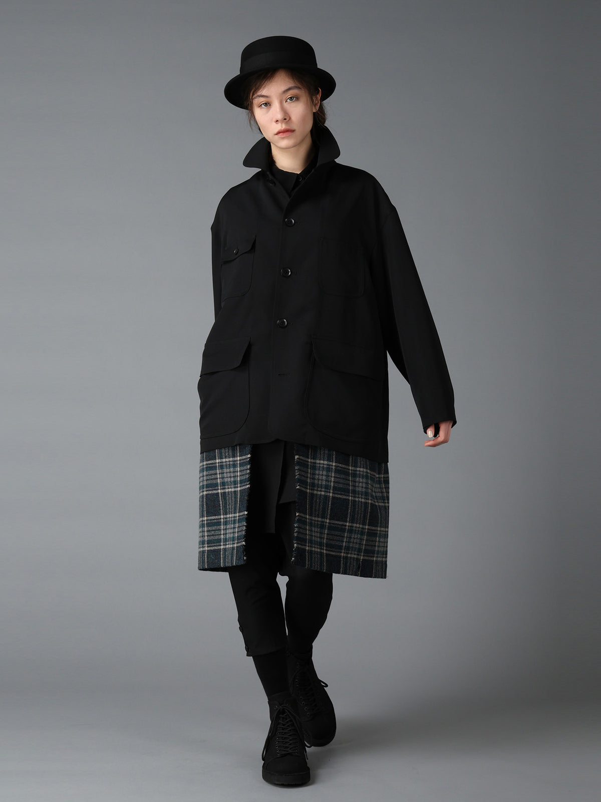WOOL GABARDINE+BRITISH WOOL PLAID HUNTING JACKET