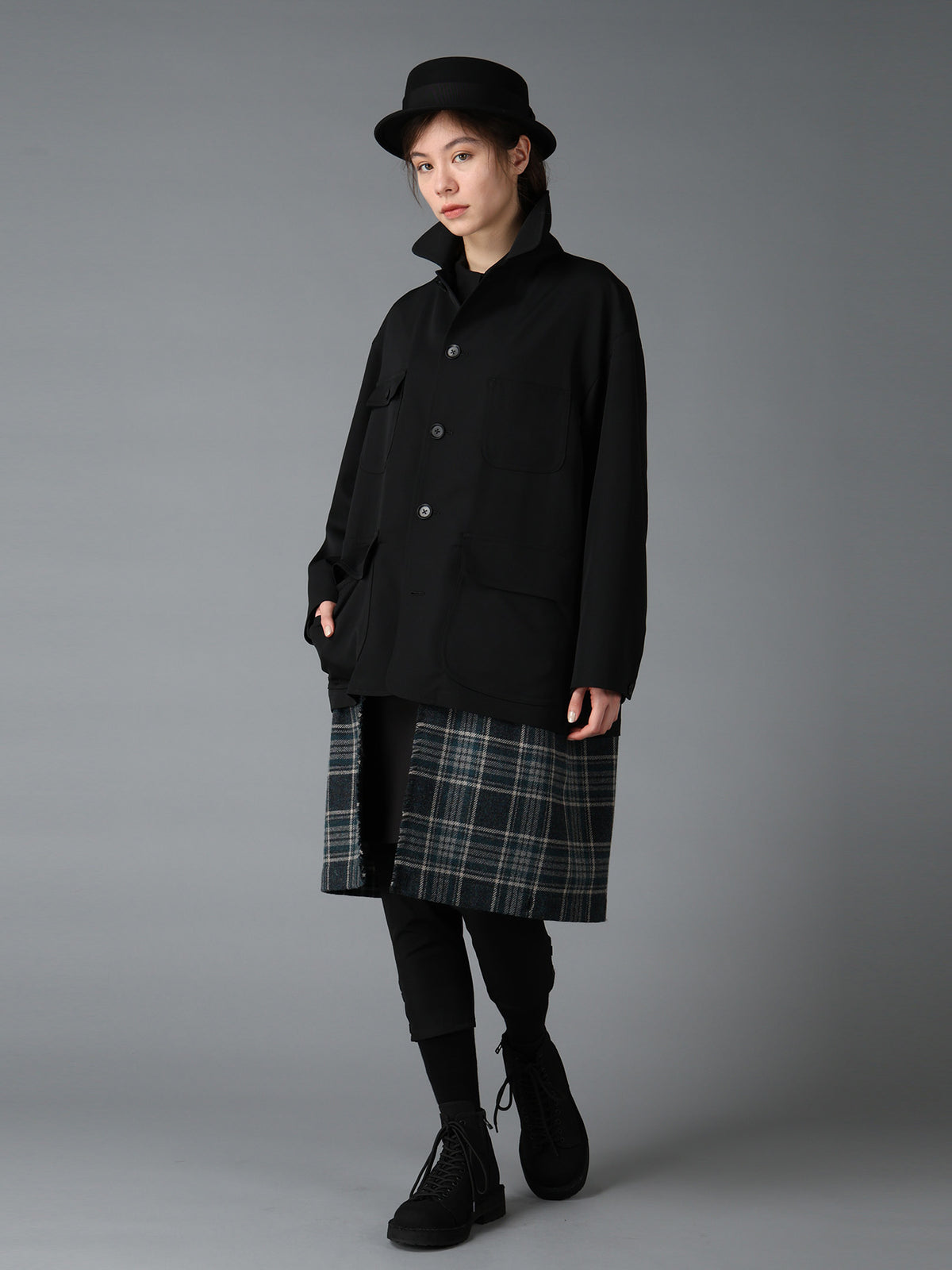 WOOL GABARDINE+BRITISH WOOL PLAID HUNTING JACKET