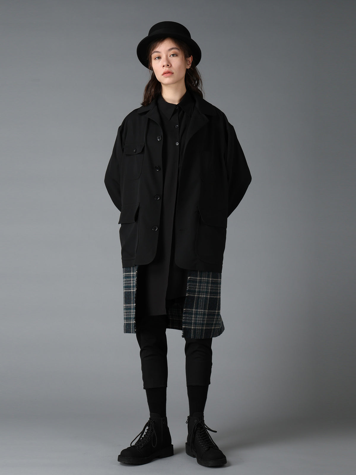 WOOL GABARDINE+BRITISH WOOL PLAID HUNTING JACKET