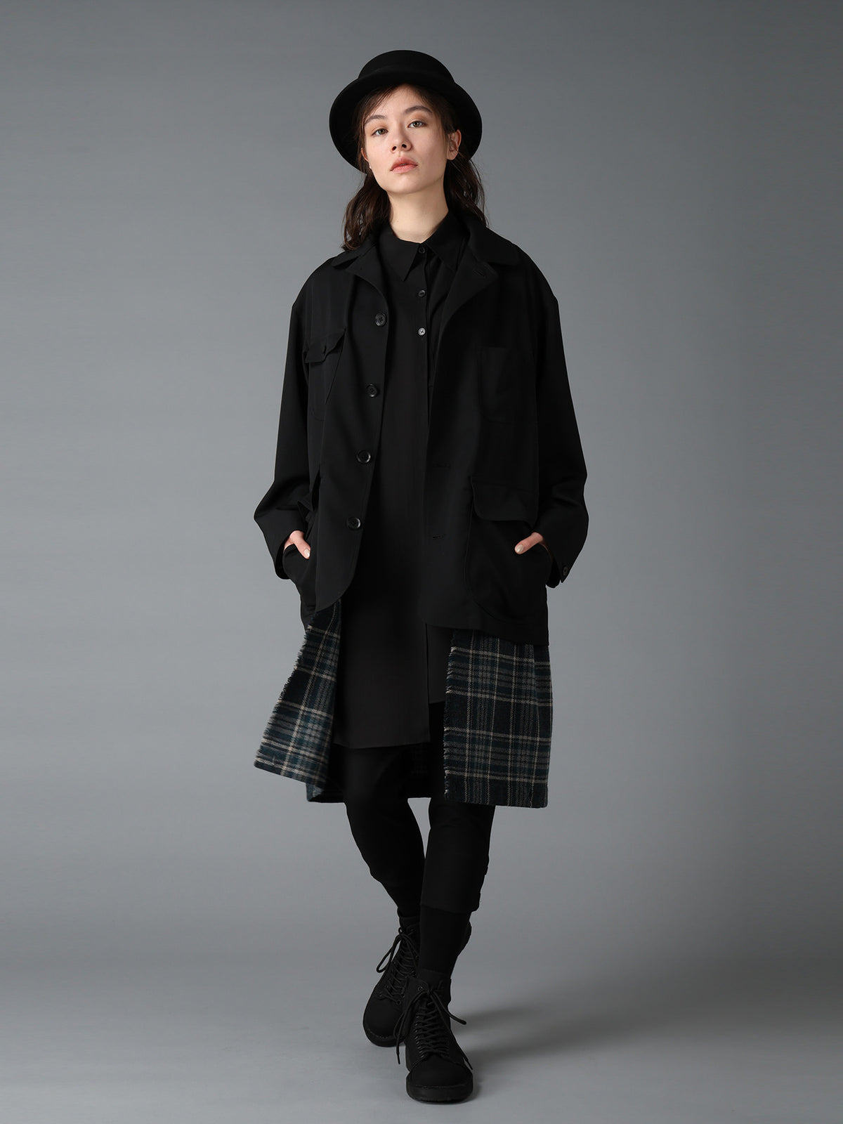 WOOL GABARDINE+BRITISH WOOL PLAID HUNTING JACKET
