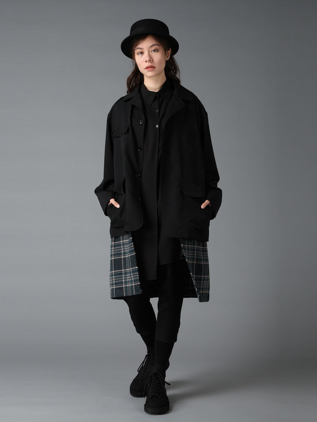 WOOL GABARDINE+BRITISH WOOL PLAID HUNTING JACKET