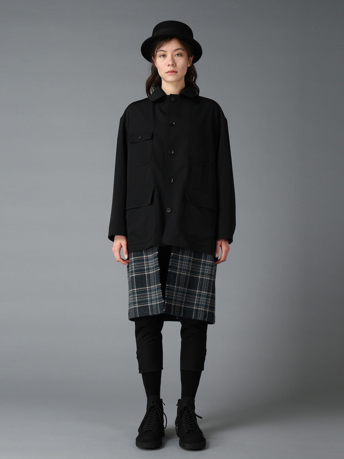 WOOL GABARDINE+BRITISH WOOL PLAID HUNTING JACKET