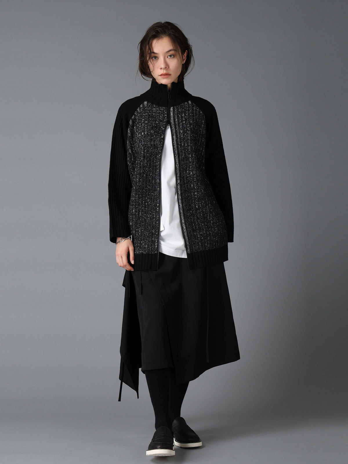 RIB X IRREGULAR LINKS ZIP CARDIGAN