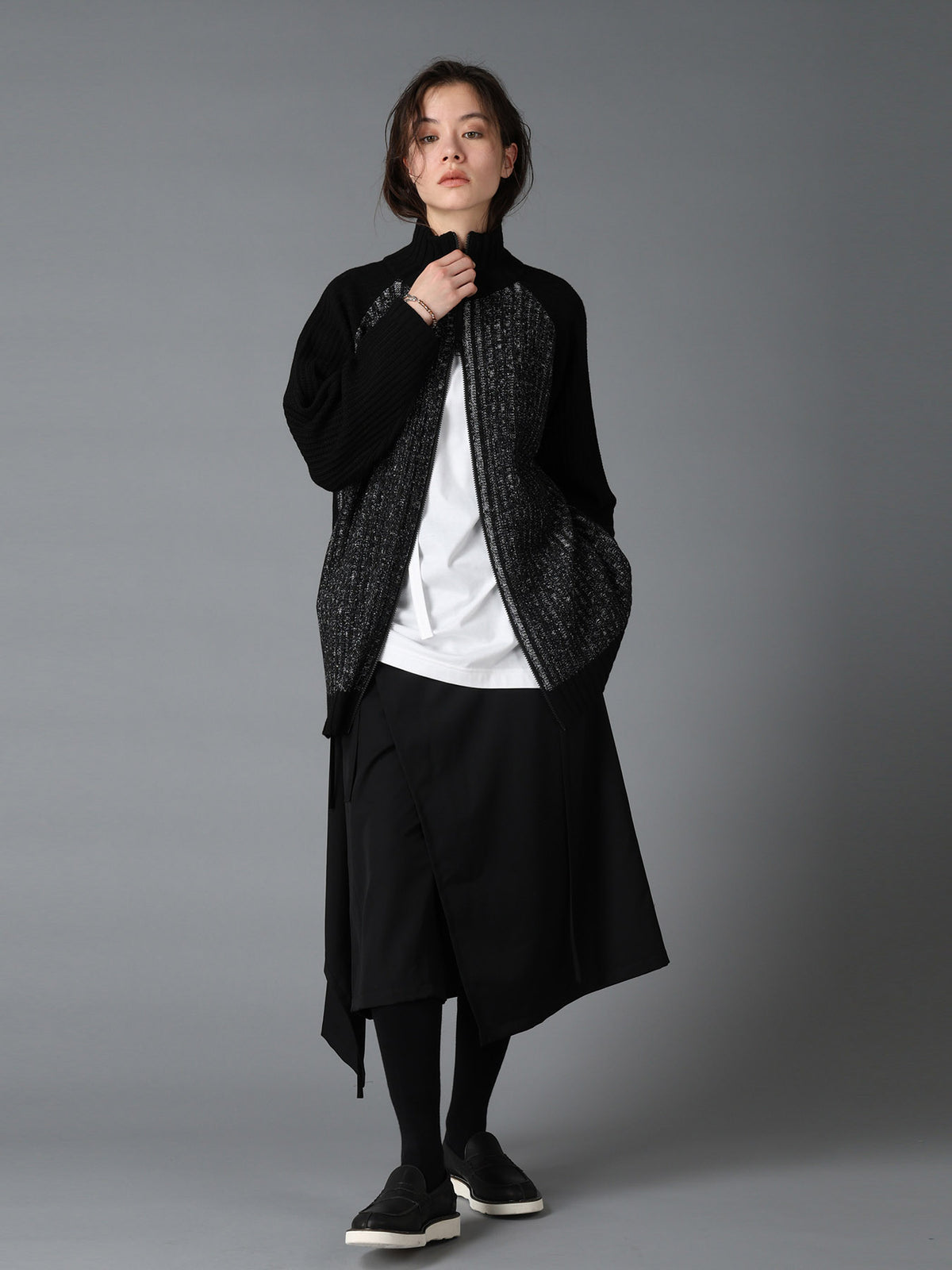 RIB X IRREGULAR LINKS ZIP CARDIGAN