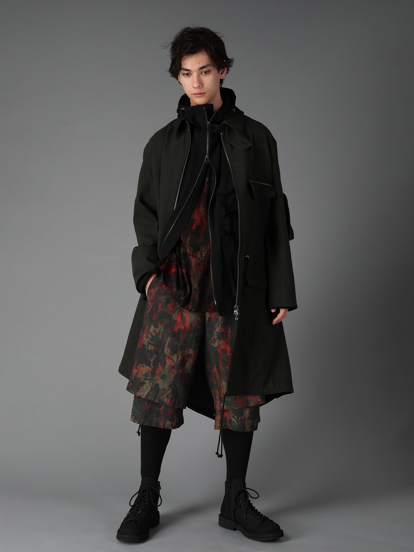 COTTON WOOL VIYELLA SHADOW FLORAL PATTERN DOUBLE LAYER HALF PANTS