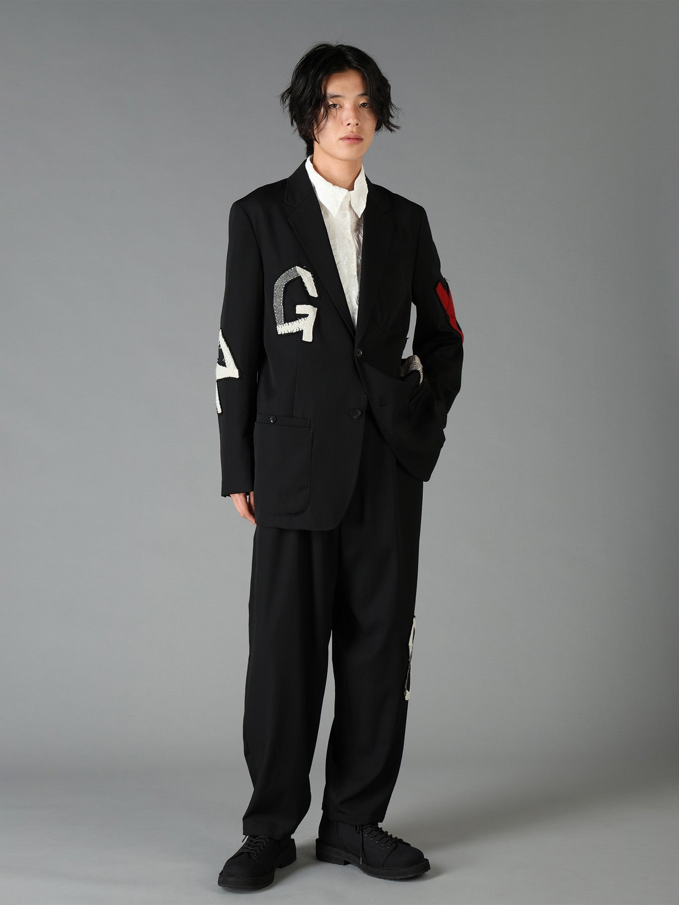WOOL GABARDINE APPLIQUE DRAWSTRING PANTS