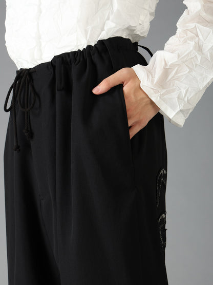 WOOL GABARDINE APPLIQUE DRAWSTRING PANTS