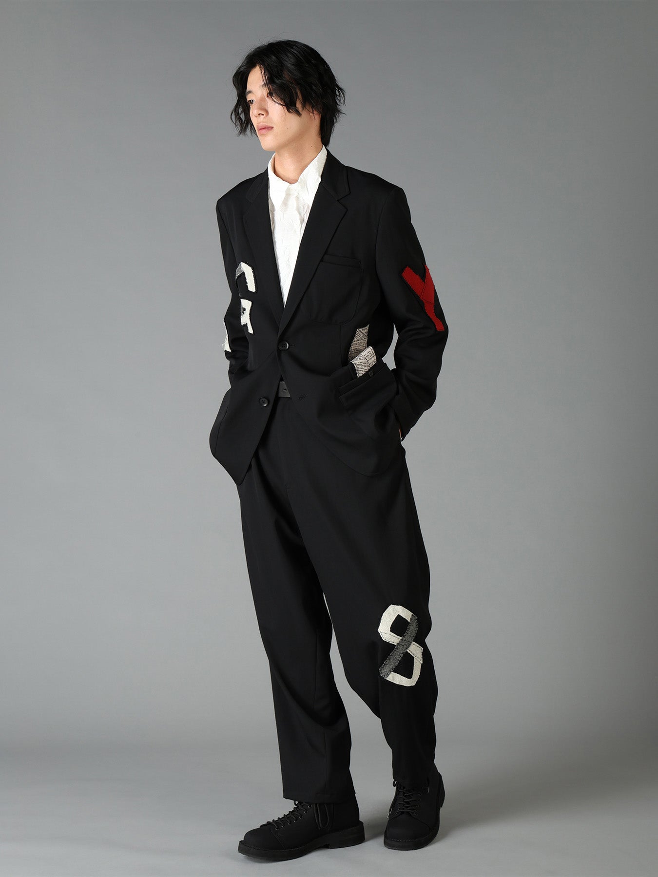 WOOL GABARDINE APPLIQUE DRAWSTRING PANTS