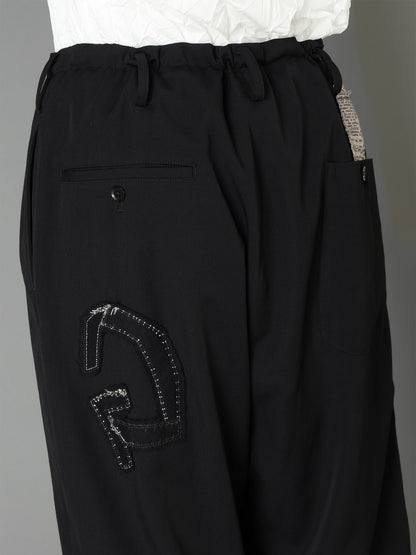 WOOL GABARDINE APPLIQUE DRAWSTRING PANTS