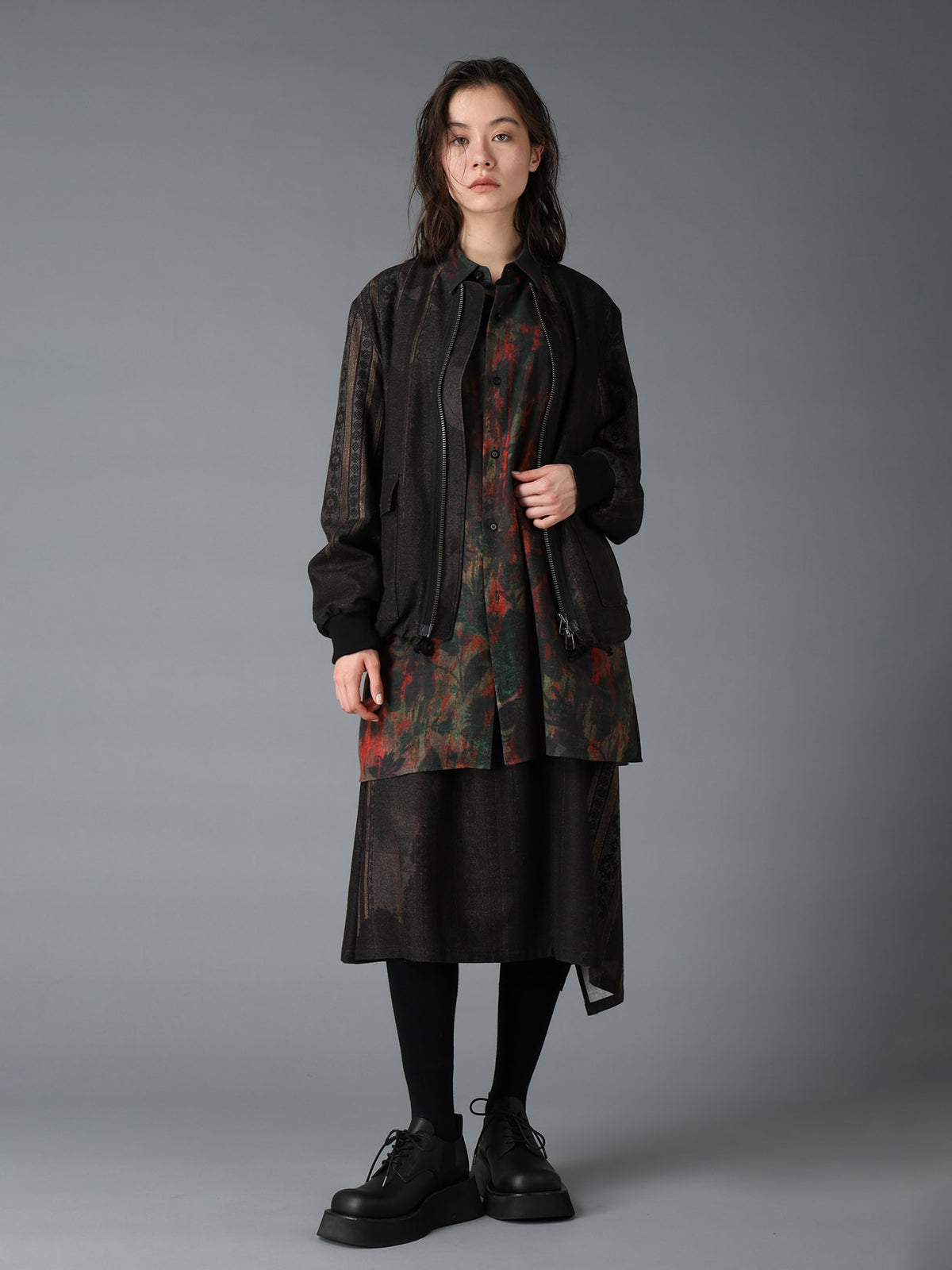 WOOL NYLON FLANNEL GREY STRIPE LEFT DROP SKIRT