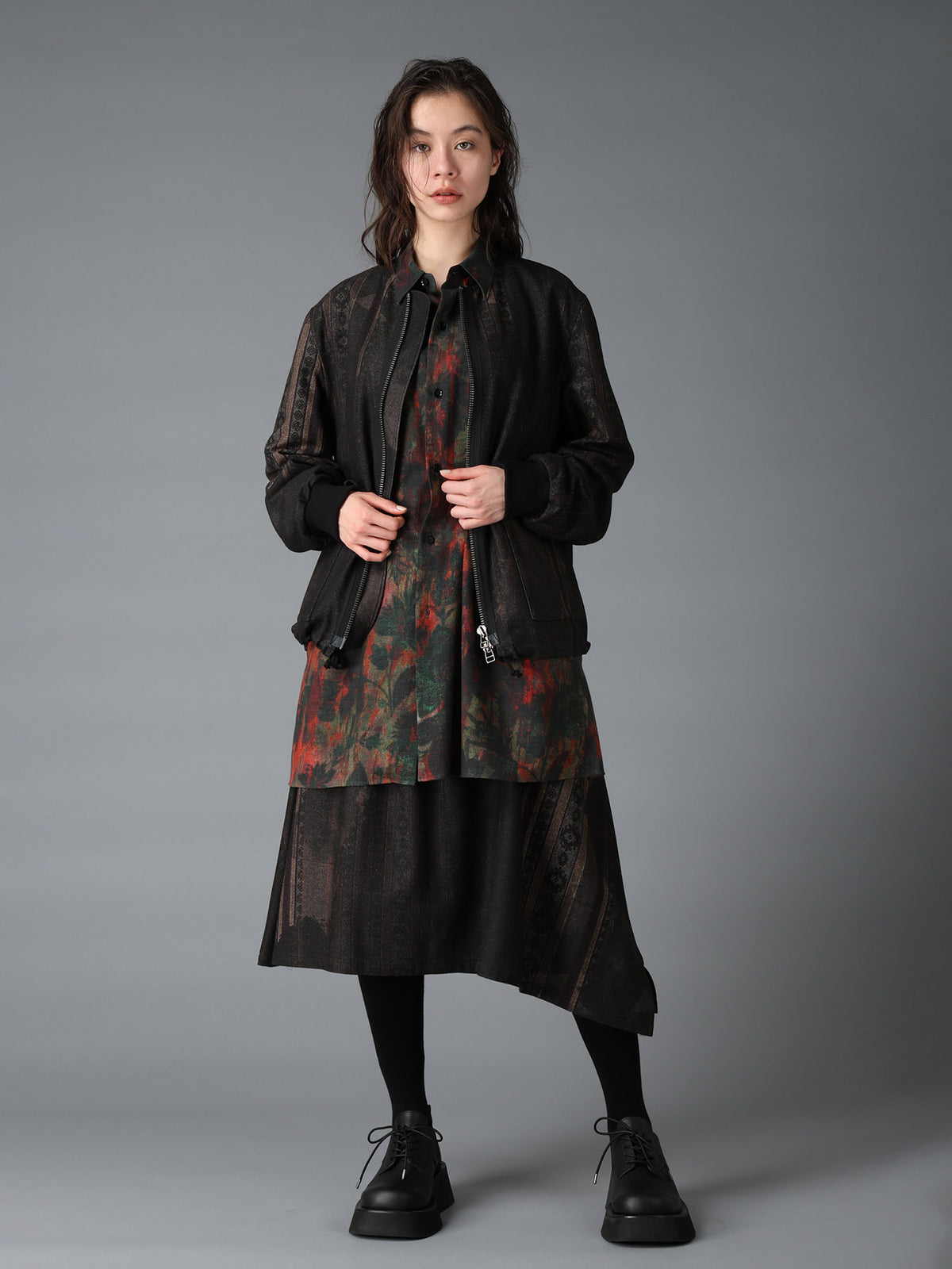 WOOL NYLON FLANNEL GREY STRIPE LEFT DROP SKIRT