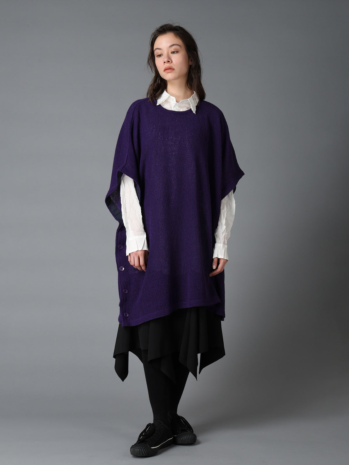 SPIDER WEB KNIT SIDE-BUTTON BIG SHORT-SLEEVED T