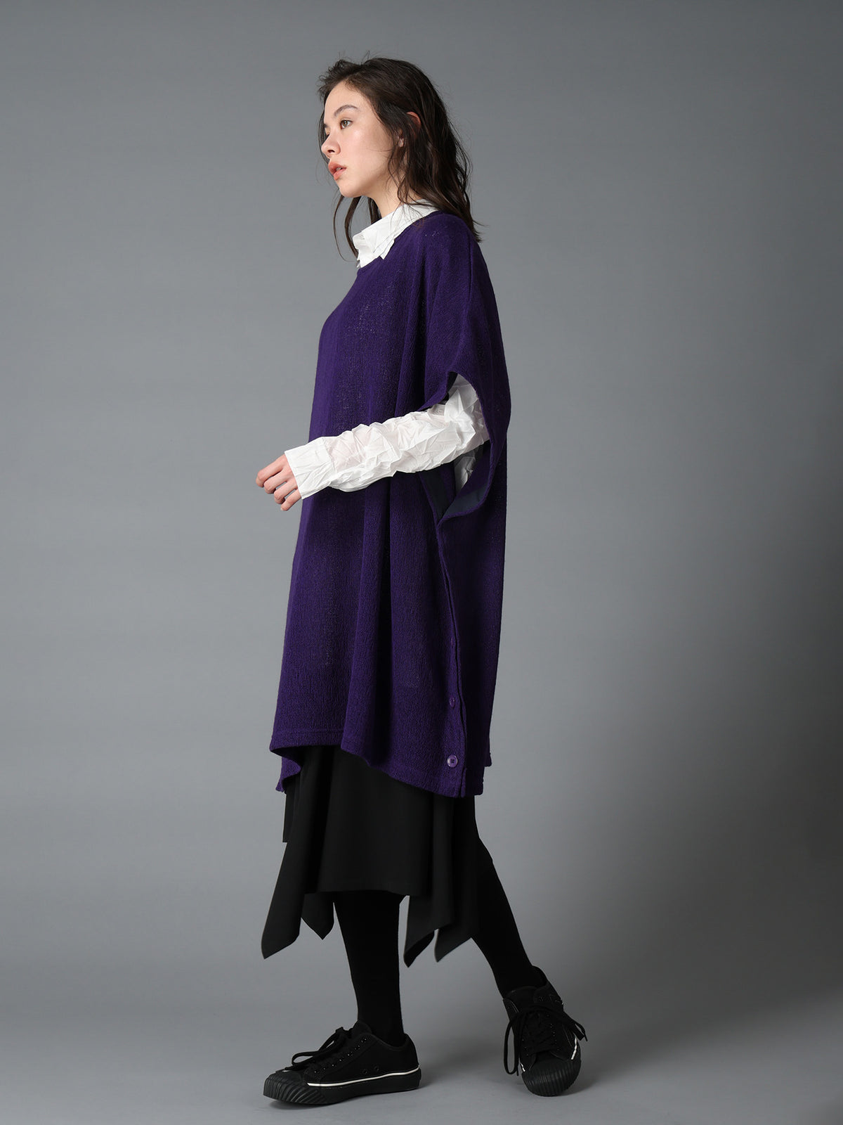 SPIDER WEB KNIT SIDE-BUTTON BIG SHORT-SLEEVED T
