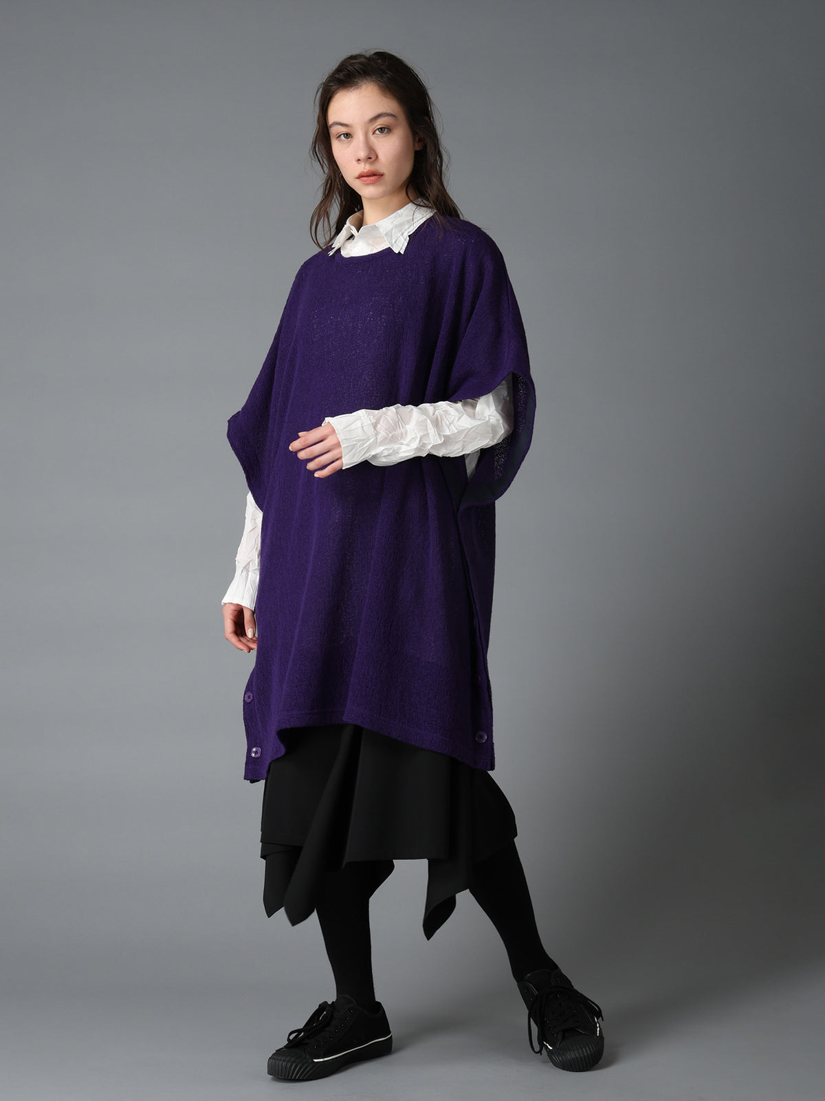 SPIDER WEB KNIT SIDE-BUTTON BIG SHORT-SLEEVED T