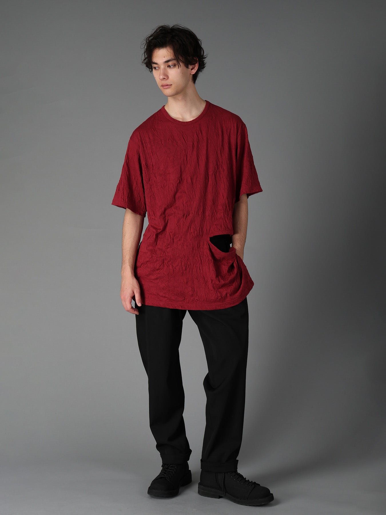 CATCH WASHER WRINKLE JERSEY LEFT SIDE CUT OUT SHORT SLEEVED T