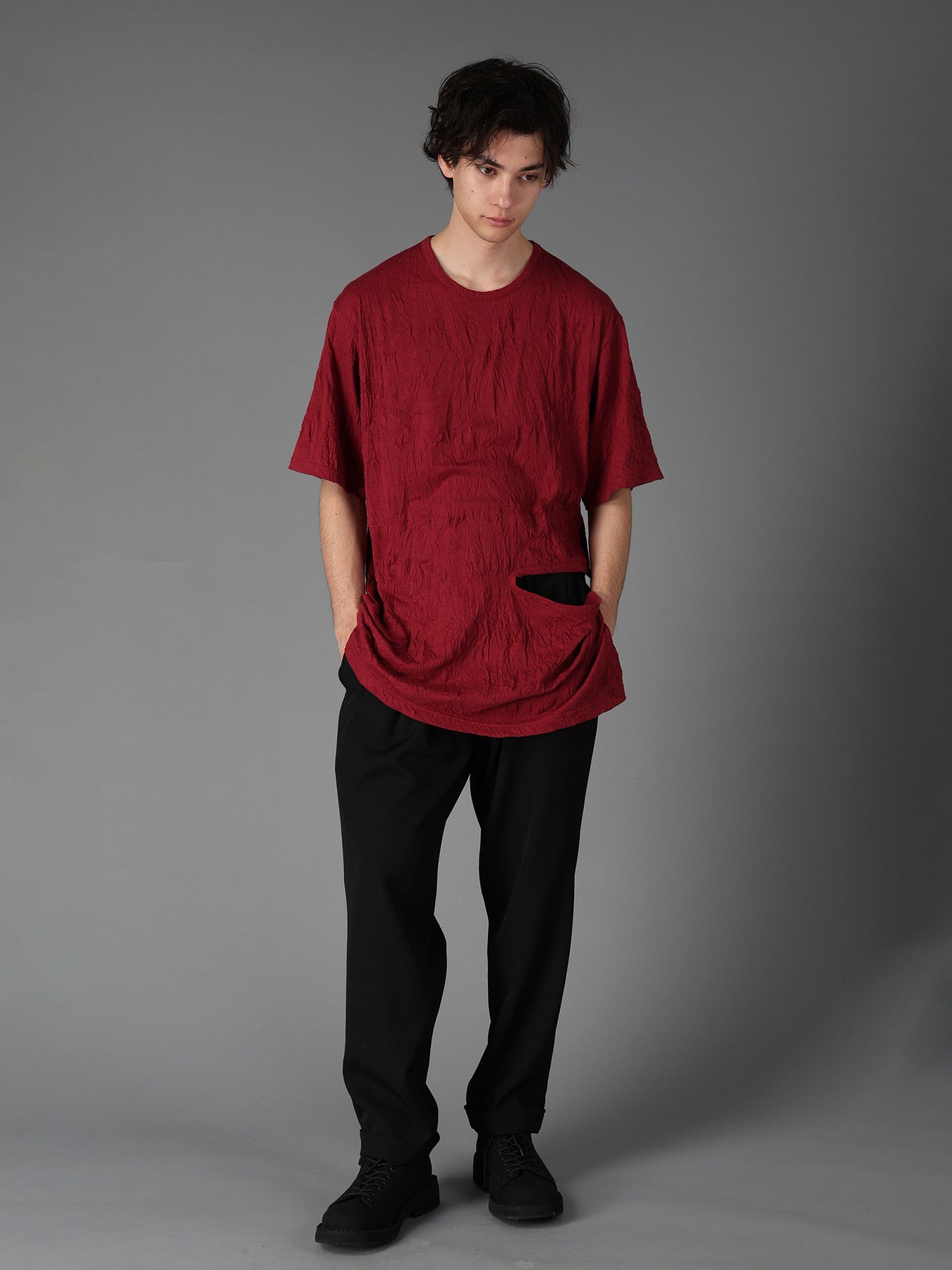 CATCH WASHER WRINKLE JERSEY LEFT SIDE CUT OUT SHORT SLEEVED T