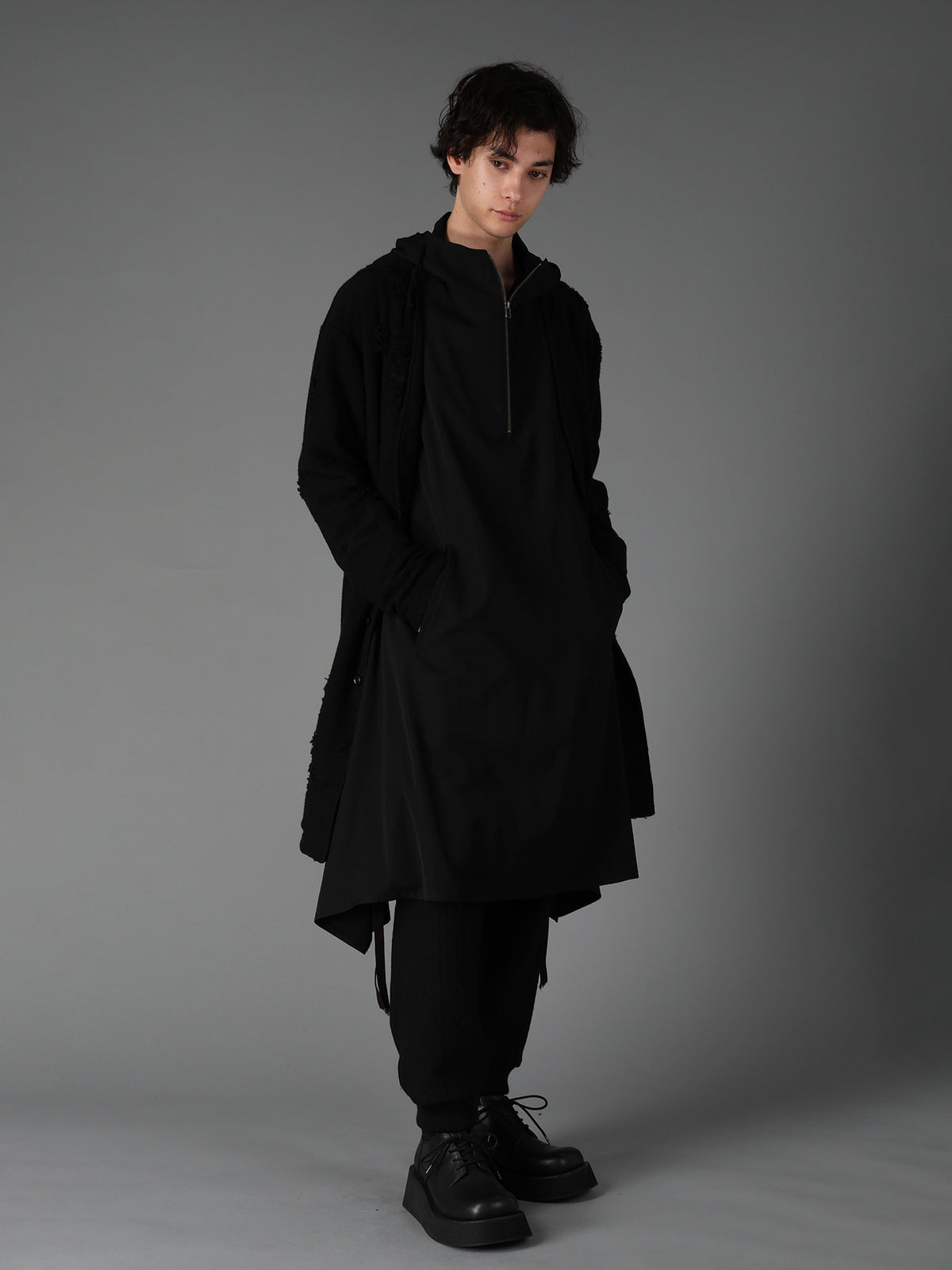 DAMAGE JACQUARD FRENCH TERRY V-NECK LONG CARDIGAN
