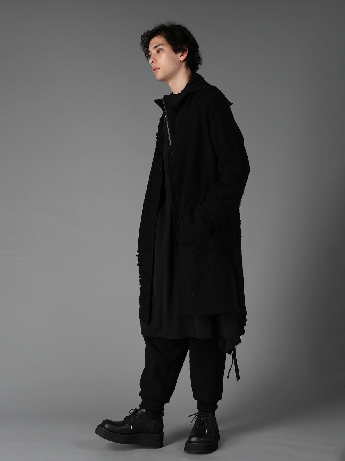 DAMAGE JACQUARD FRENCH TERRY V-NECK LONG CARDIGAN