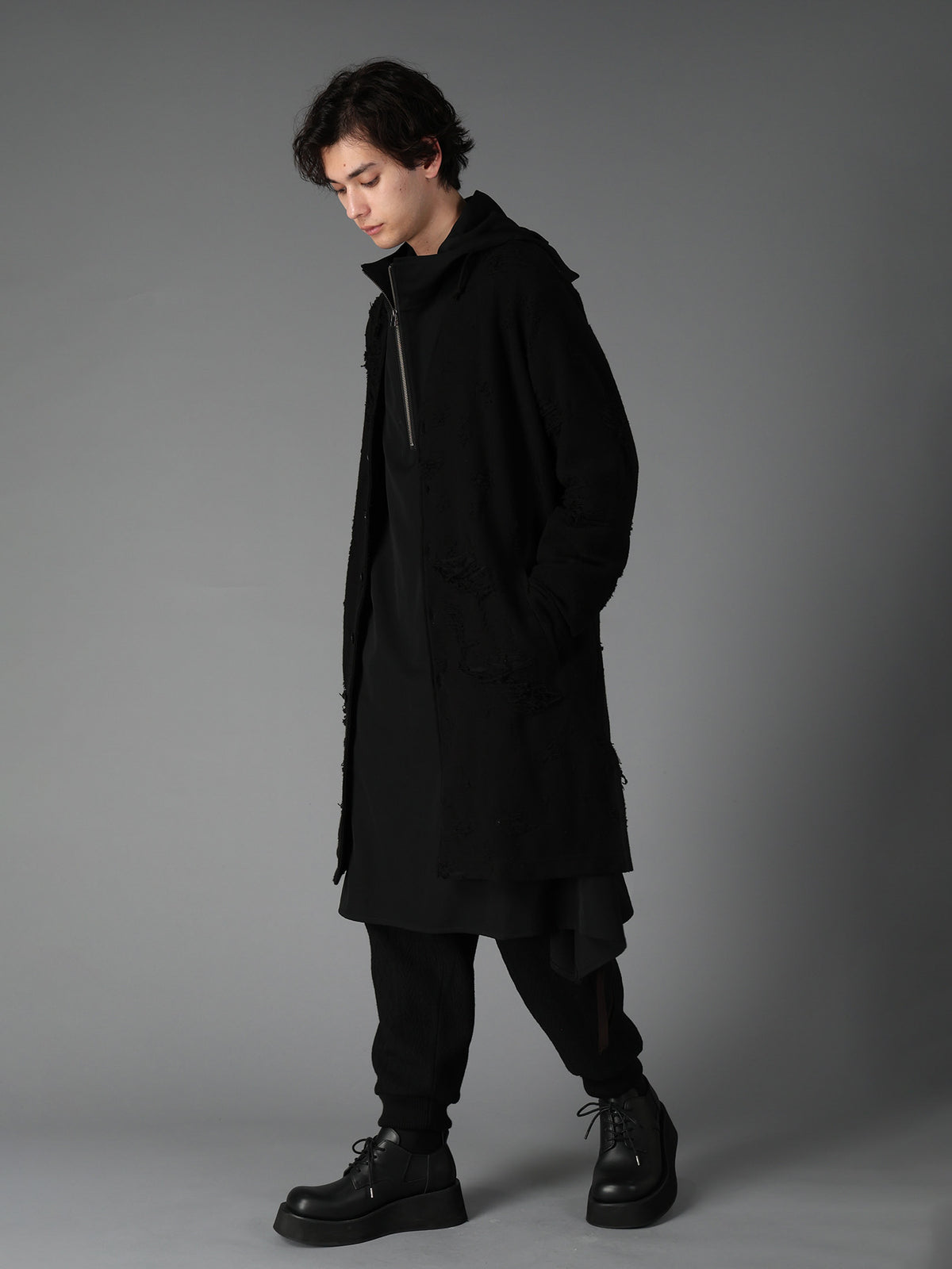 DAMAGE JACQUARD FRENCH TERRY V-NECK LONG CARDIGAN