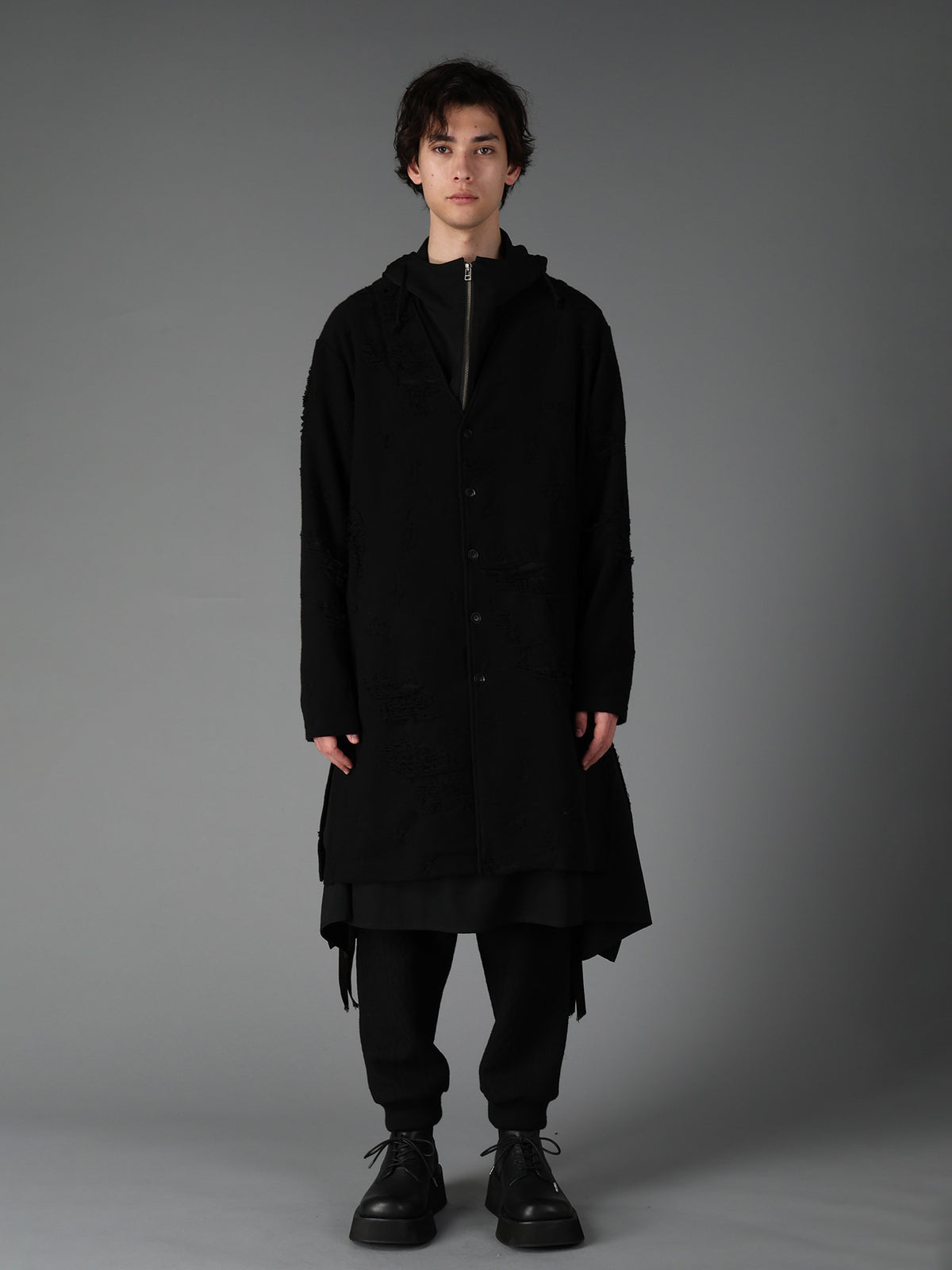 DAMAGE JACQUARD FRENCH TERRY V-NECK LONG CARDIGAN