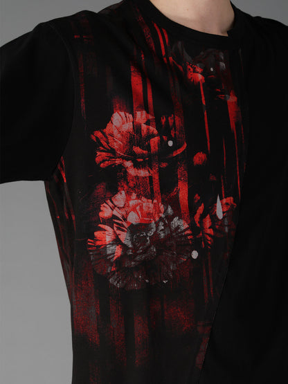 FLORAL STRIPED & COTTON JERSEY CUT-OFF LONG-SLEEVED T-SHIRT