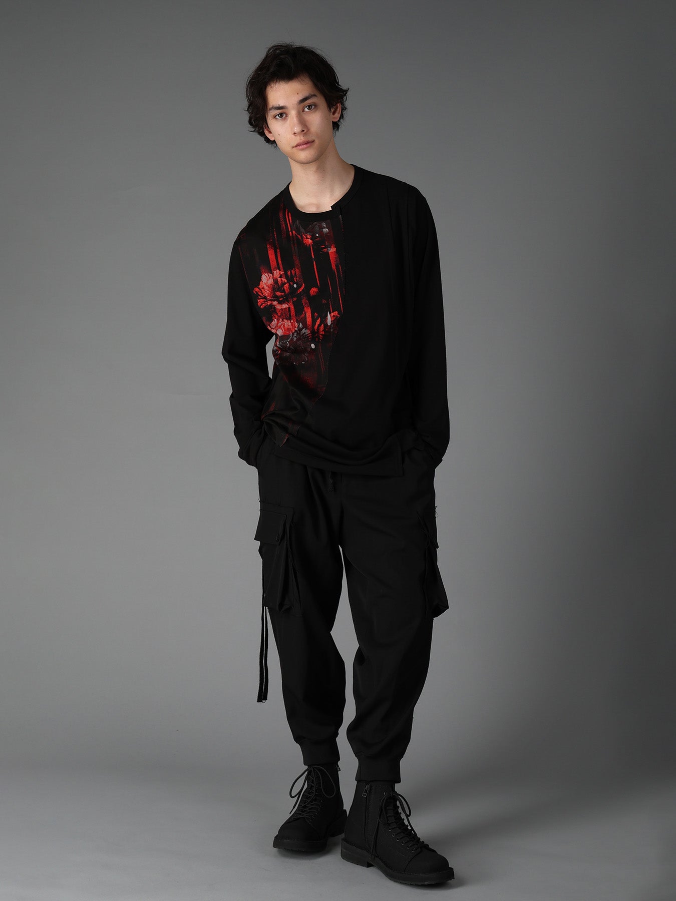 FLORAL STRIPED & COTTON JERSEY CUT-OFF LONG-SLEEVED T-SHIRT